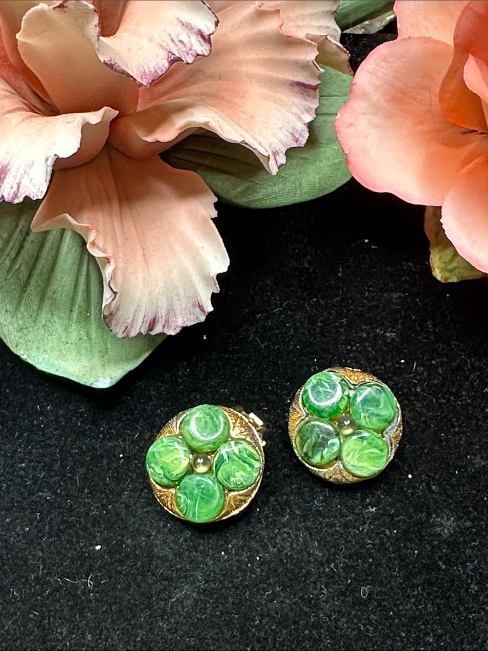 Gold-Tone Green Floral Clip-On Earrings